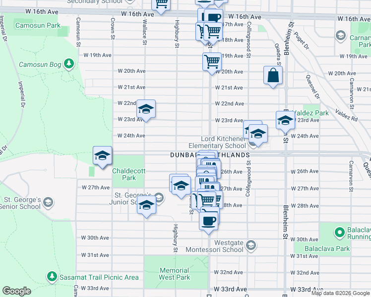 map of restaurants, bars, coffee shops, grocery stores, and more near 3749 West King Edward Avenue in Vancouver