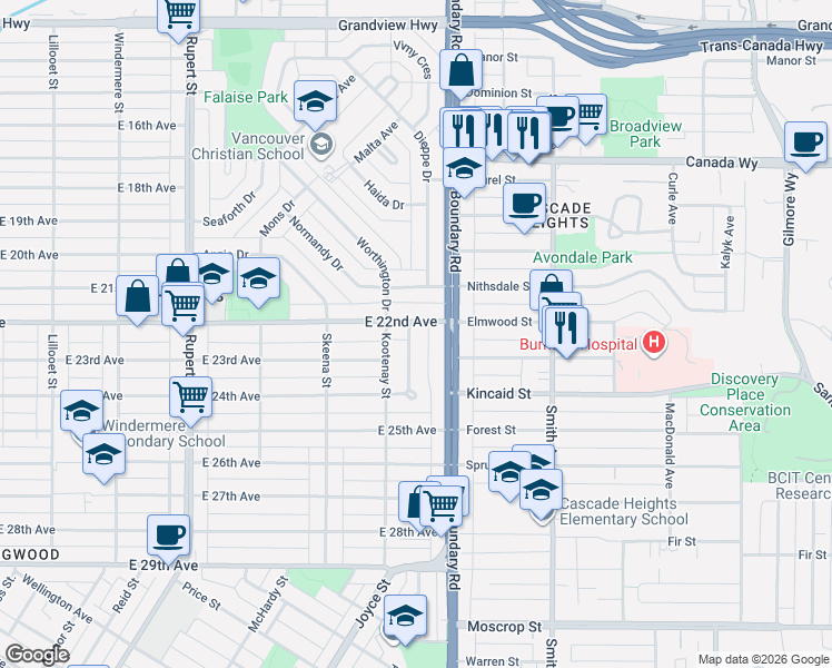 map of restaurants, bars, coffee shops, grocery stores, and more near 3826 Glendale Street in Vancouver