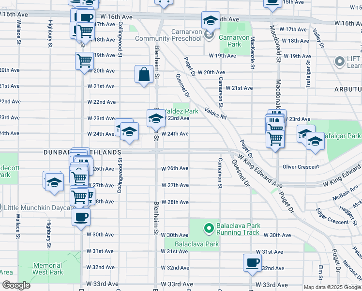 map of restaurants, bars, coffee shops, grocery stores, and more near 3219 West King Edward Avenue in Vancouver