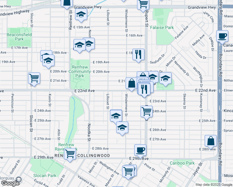 map of restaurants, bars, coffee shops, grocery stores, and more near 3146 East 22nd Avenue in Vancouver