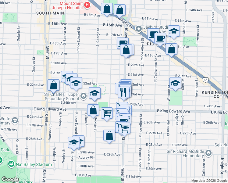 map of restaurants, bars, coffee shops, grocery stores, and more near 621 East 23rd Avenue in Vancouver