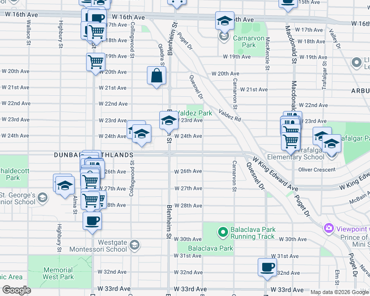 map of restaurants, bars, coffee shops, grocery stores, and more near 3253 West King Edward Avenue in Vancouver