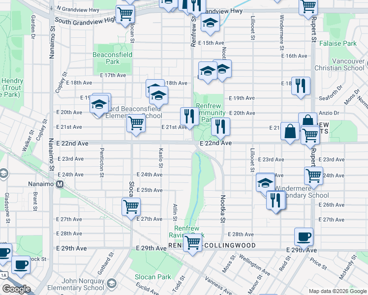 map of restaurants, bars, coffee shops, grocery stores, and more near 2880 East 22nd Avenue in Vancouver