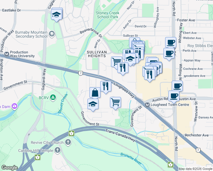 map of restaurants, bars, coffee shops, grocery stores, and more near 9101 Horne Street in Burnaby