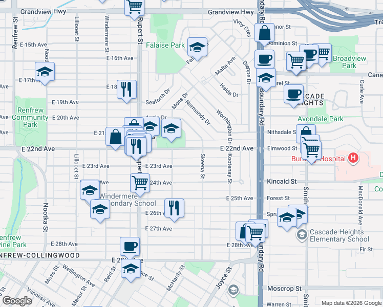 map of restaurants, bars, coffee shops, grocery stores, and more near 3454 East 22nd Avenue in Vancouver