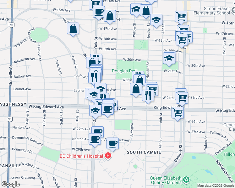 map of restaurants, bars, coffee shops, grocery stores, and more near 3970 Laurel Street in Vancouver