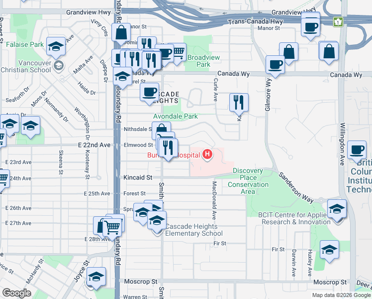 map of restaurants, bars, coffee shops, grocery stores, and more near 3896 Elmwood Street in Burnaby
