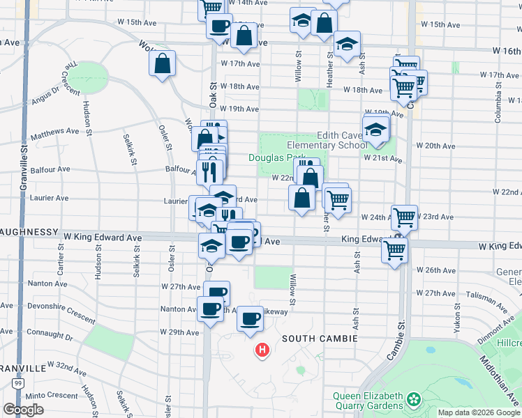 map of restaurants, bars, coffee shops, grocery stores, and more near 3970 Laurel Street in Vancouver