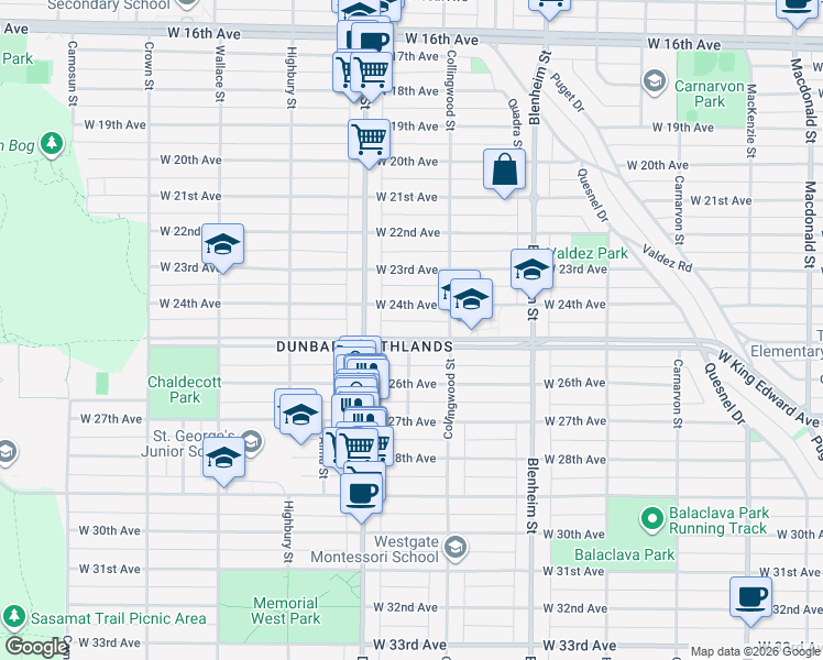 map of restaurants, bars, coffee shops, grocery stores, and more near 3545 West King Edward Avenue in Vancouver