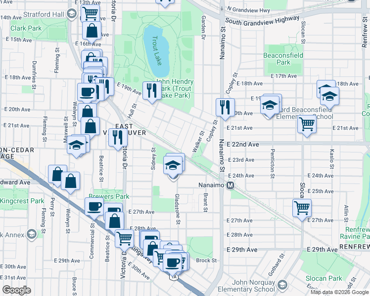 map of restaurants, bars, coffee shops, grocery stores, and more near 3588 Gladstone Street in Vancouver