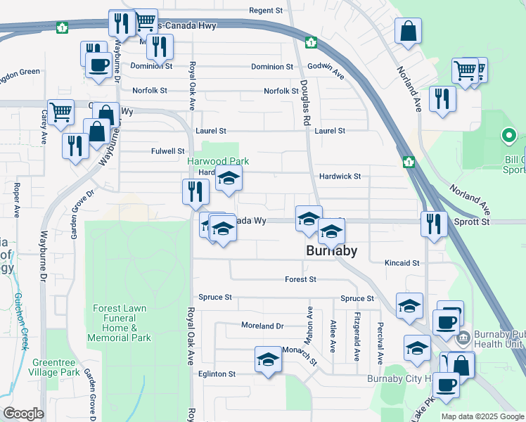 map of restaurants, bars, coffee shops, grocery stores, and more near 3768 Jambor Court in Burnaby