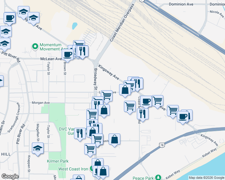 map of restaurants, bars, coffee shops, grocery stores, and more near 1603 Langan Avenue in Port Coquitlam