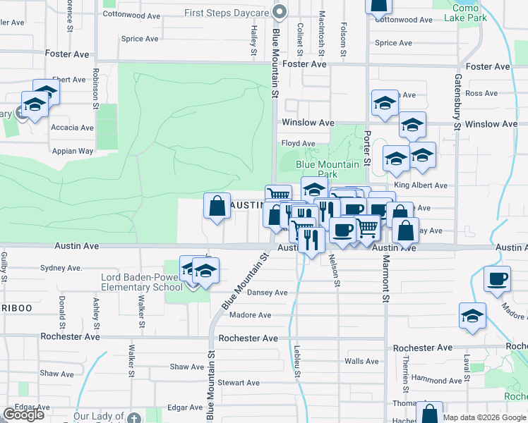 map of restaurants, bars, coffee shops, grocery stores, and more near 520 Blue Mountain Street in Coquitlam