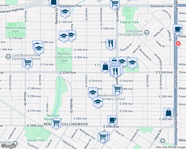 map of restaurants, bars, coffee shops, grocery stores, and more near 3148 East 22nd Avenue in Vancouver