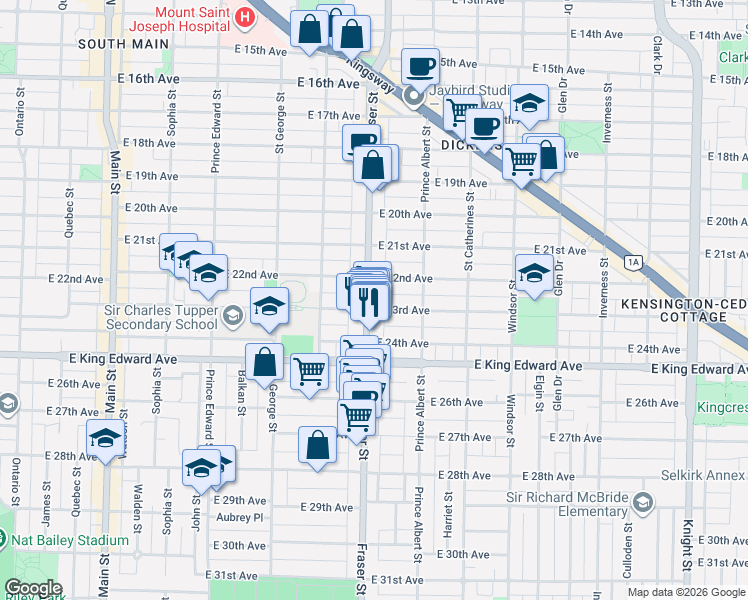 map of restaurants, bars, coffee shops, grocery stores, and more near 3840 Fraser Street in Vancouver