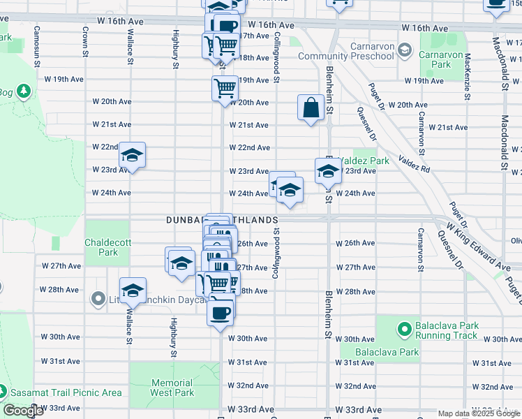 map of restaurants, bars, coffee shops, grocery stores, and more near 3527 West King Edward Avenue in Vancouver
