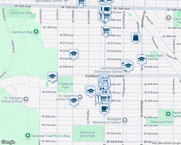 map of restaurants, bars, coffee shops, grocery stores, and more near 3781 West King Edward Avenue in Vancouver