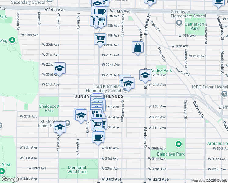 map of restaurants, bars, coffee shops, grocery stores, and more near 3537 West King Edward Avenue in Vancouver