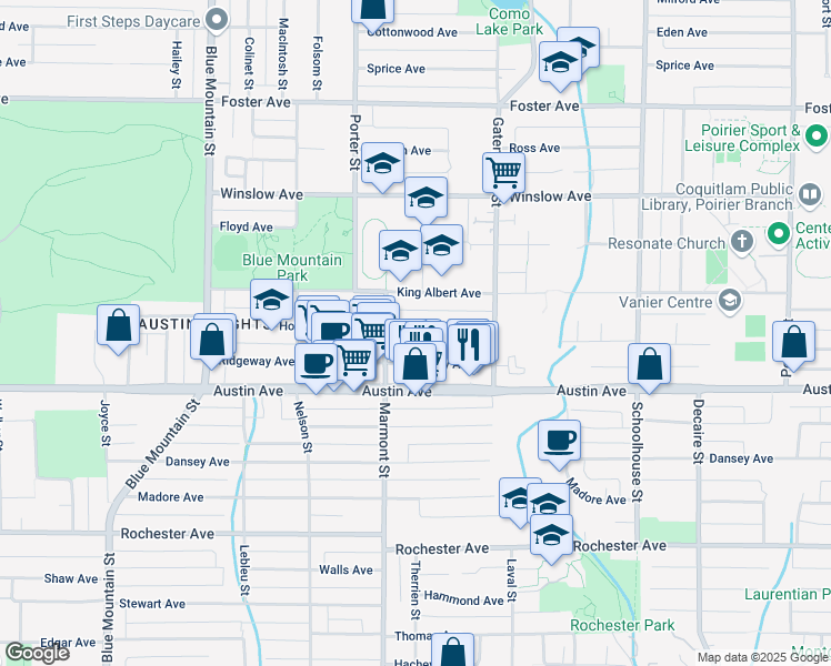 map of restaurants, bars, coffee shops, grocery stores, and more near 1121 Howie Avenue in Coquitlam