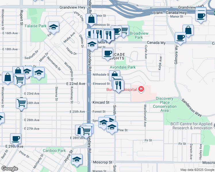 map of restaurants, bars, coffee shops, grocery stores, and more near in Burnaby