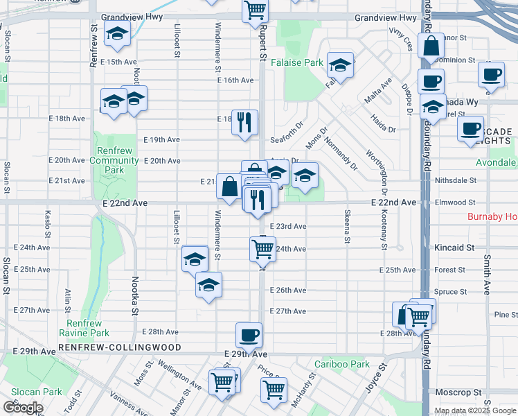 map of restaurants, bars, coffee shops, grocery stores, and more near in Vancouver