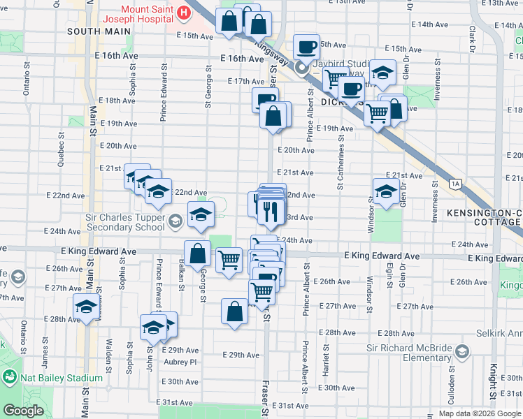 map of restaurants, bars, coffee shops, grocery stores, and more near in Vancouver