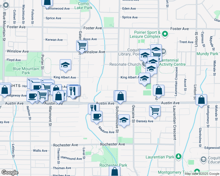 map of restaurants, bars, coffee shops, grocery stores, and more near 1419 Haversley Avenue in Coquitlam