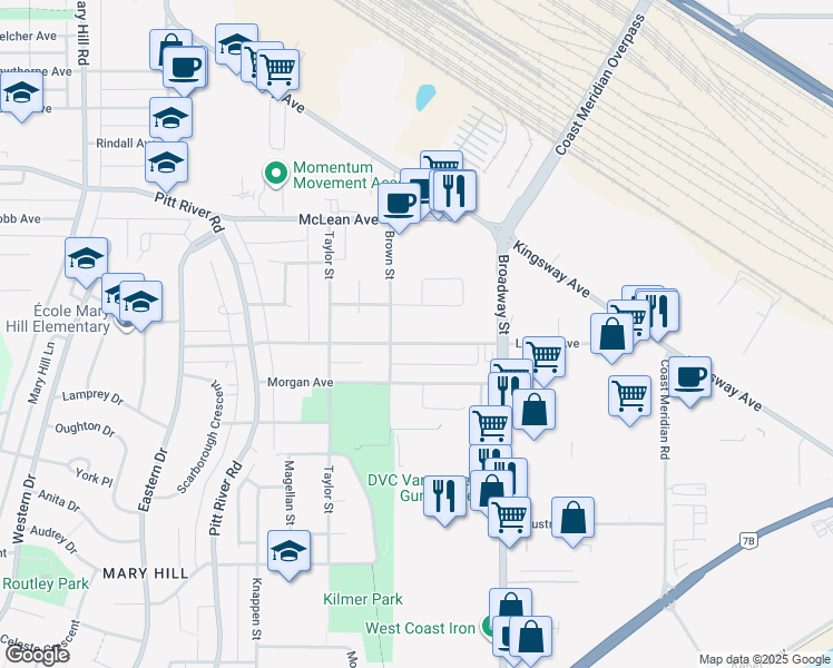 map of restaurants, bars, coffee shops, grocery stores, and more near 1777 Langan Avenue in Port Coquitlam
