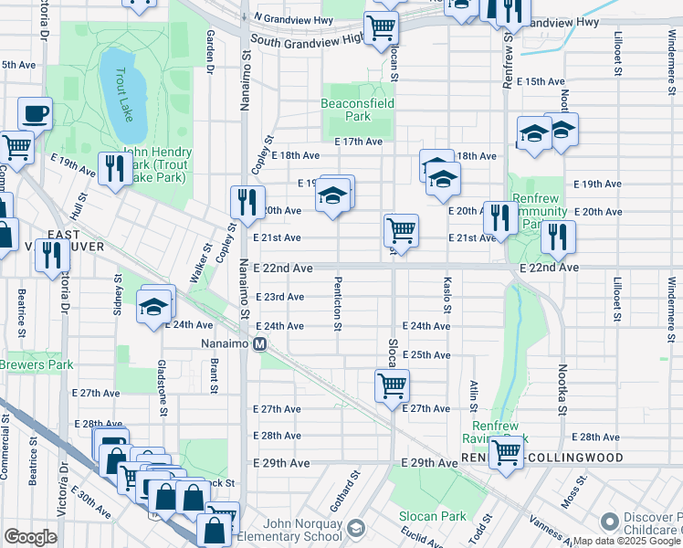 map of restaurants, bars, coffee shops, grocery stores, and more near 3838 Penticton Street in Vancouver