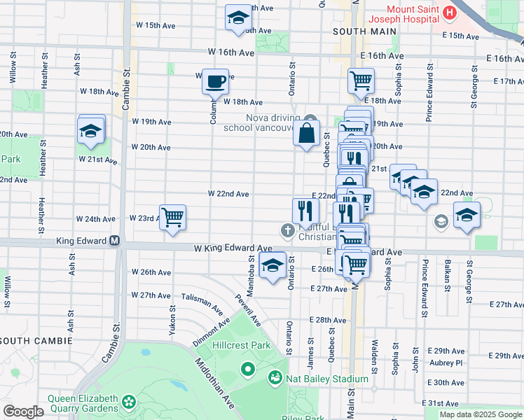 map of restaurants, bars, coffee shops, grocery stores, and more near 79 West 23rd Avenue in Vancouver