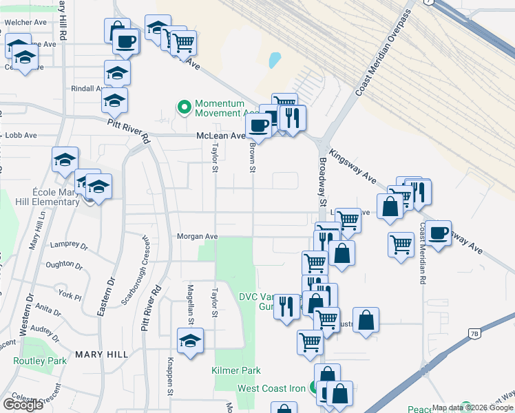 map of restaurants, bars, coffee shops, grocery stores, and more near 1791 Langan Avenue in Port Coquitlam