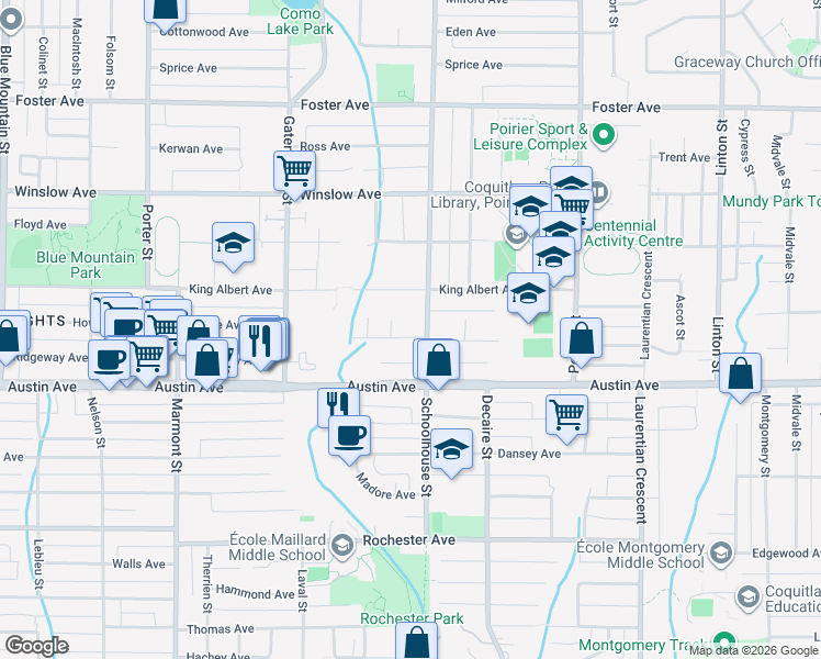 map of restaurants, bars, coffee shops, grocery stores, and more near 1421 Haversley Avenue in Coquitlam