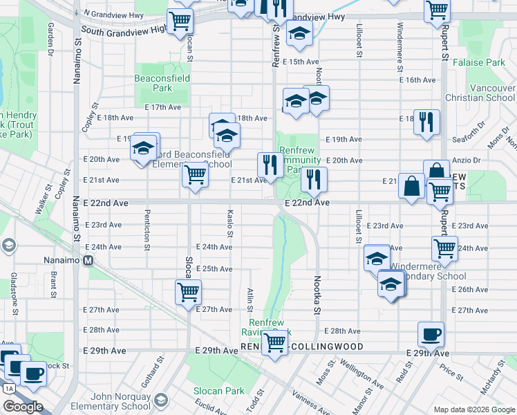 map of restaurants, bars, coffee shops, grocery stores, and more near 2876 East 22nd Avenue in Vancouver