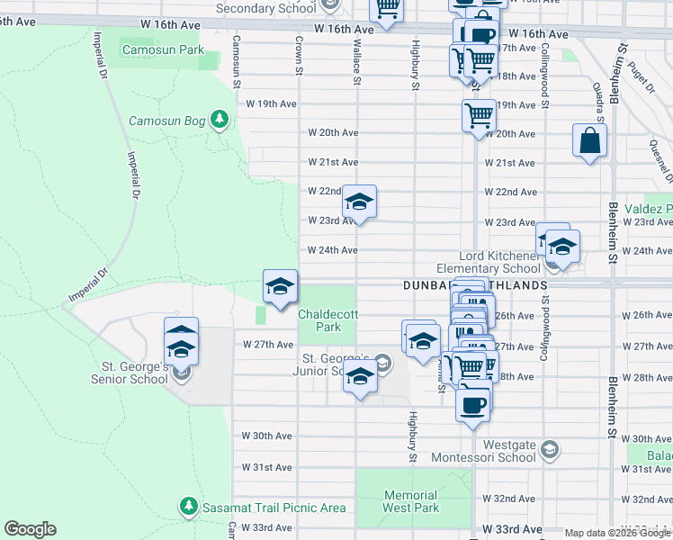 map of restaurants, bars, coffee shops, grocery stores, and more near 3933 West King Edward Avenue in Vancouver