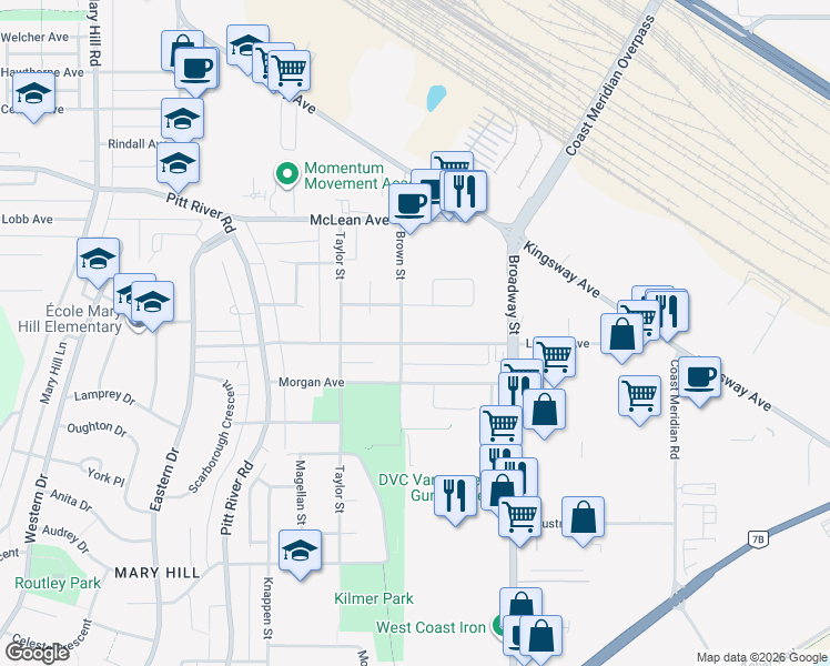 map of restaurants, bars, coffee shops, grocery stores, and more near 1787 Langan Avenue in Port Coquitlam