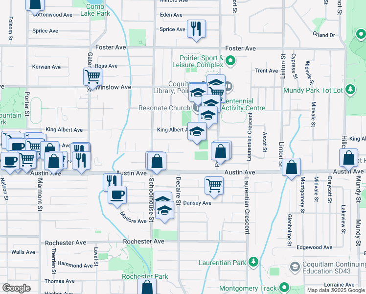 map of restaurants, bars, coffee shops, grocery stores, and more near 1589 Haversley Avenue in Coquitlam