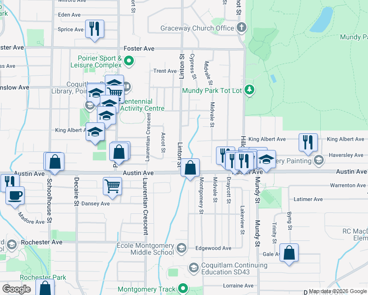 map of restaurants, bars, coffee shops, grocery stores, and more near 541 Linton Street in Coquitlam