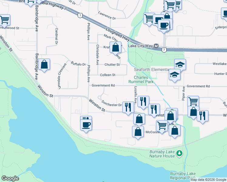 map of restaurants, bars, coffee shops, grocery stores, and more near 7508 Government Road in Burnaby