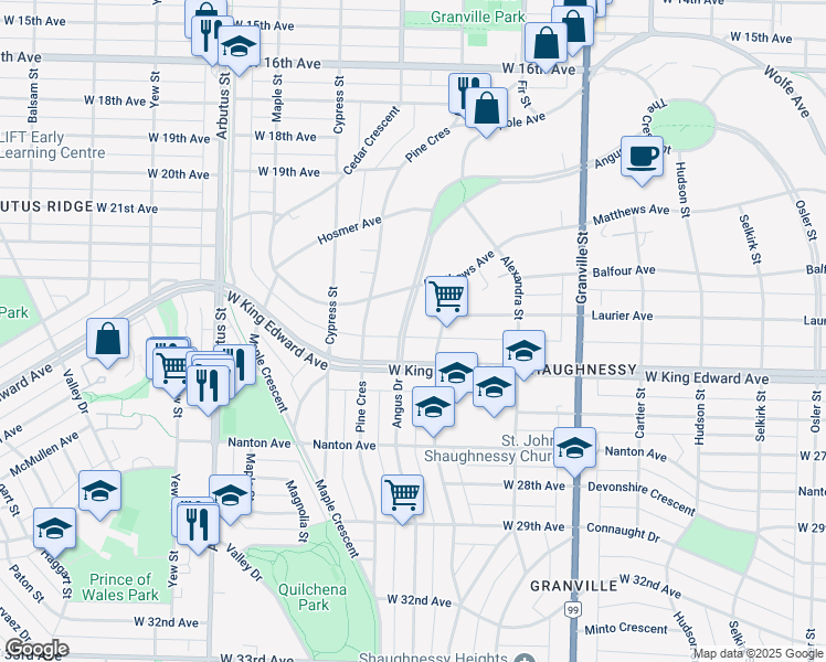 map of restaurants, bars, coffee shops, grocery stores, and more near 3988 Angus Drive in Vancouver