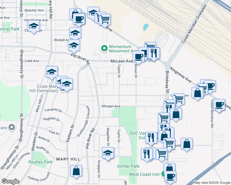 map of restaurants, bars, coffee shops, grocery stores, and more near 1810 Taylor Street in Port Coquitlam