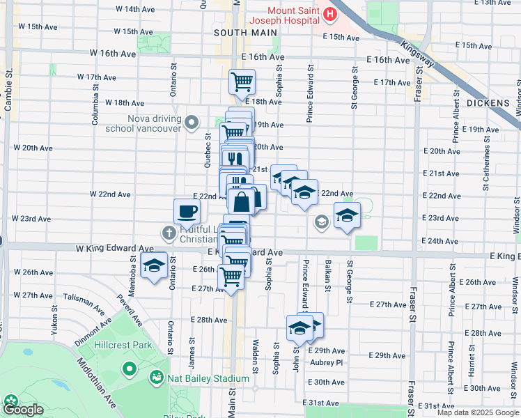 map of restaurants, bars, coffee shops, grocery stores, and more near 261 East 23rd Avenue in Vancouver