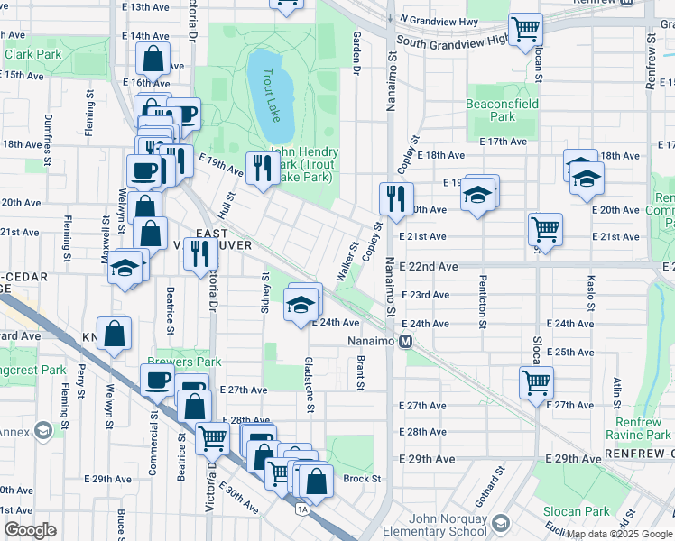 map of restaurants, bars, coffee shops, grocery stores, and more near 3579 Walker Street in Vancouver