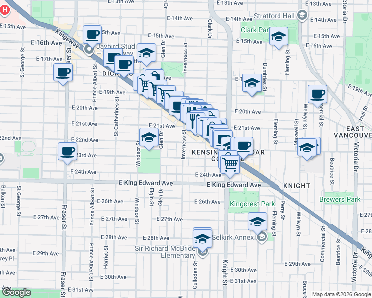 map of restaurants, bars, coffee shops, grocery stores, and more near 3820 Inverness Street in Vancouver