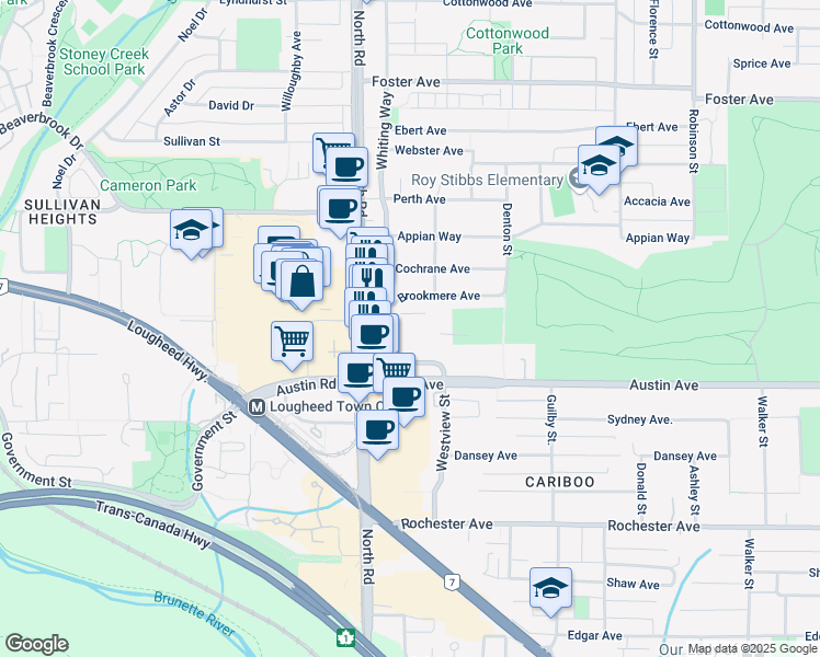 map of restaurants, bars, coffee shops, grocery stores, and more near 516 Brookmere Avenue in Coquitlam
