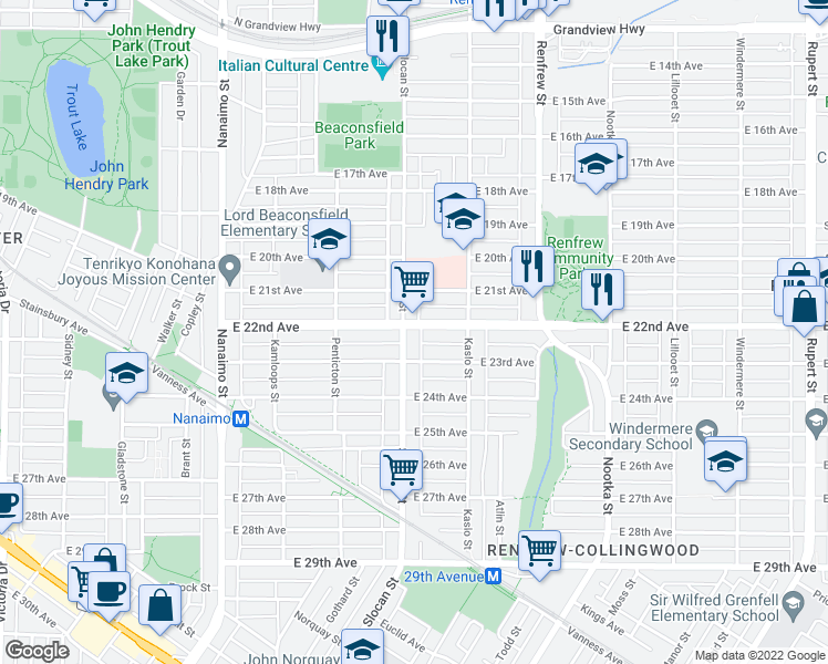 map of restaurants, bars, coffee shops, grocery stores, and more near 3760 Slocan Street in Vancouver
