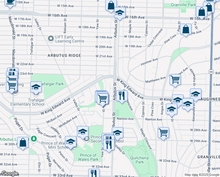 map of restaurants, bars, coffee shops, grocery stores, and more near Springtree Drive in Vancouver