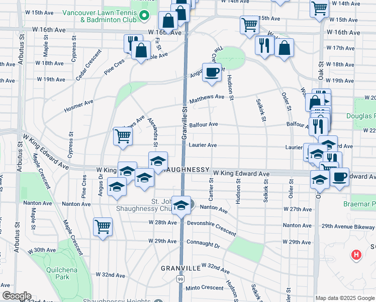 map of restaurants, bars, coffee shops, grocery stores, and more near in Vancouver