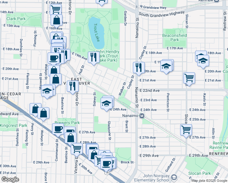 map of restaurants, bars, coffee shops, grocery stores, and more near 3584 Gladstone Street in Vancouver