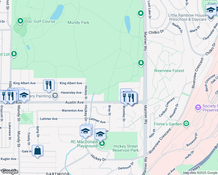 map of restaurants, bars, coffee shops, grocery stores, and more near Mundy Park Community Path in Coquitlam