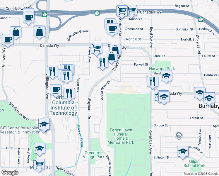 map of restaurants, bars, coffee shops, grocery stores, and more near 4863 Hickory Court in Burnaby